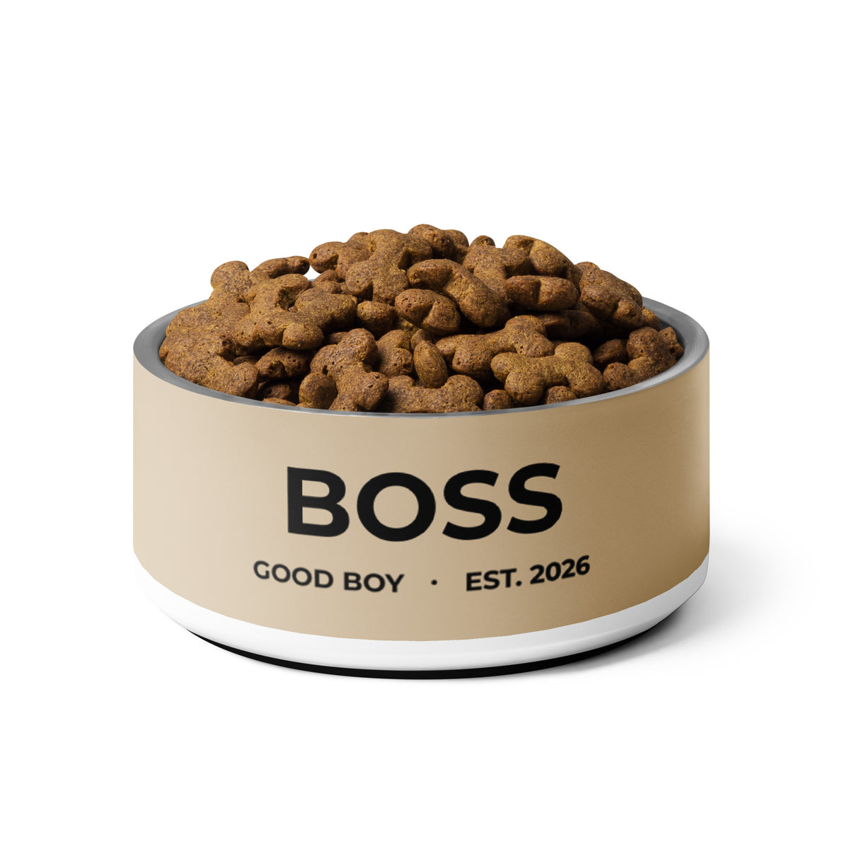 Large tan good boy personalized dog bowl with the name Boss filled with kibble