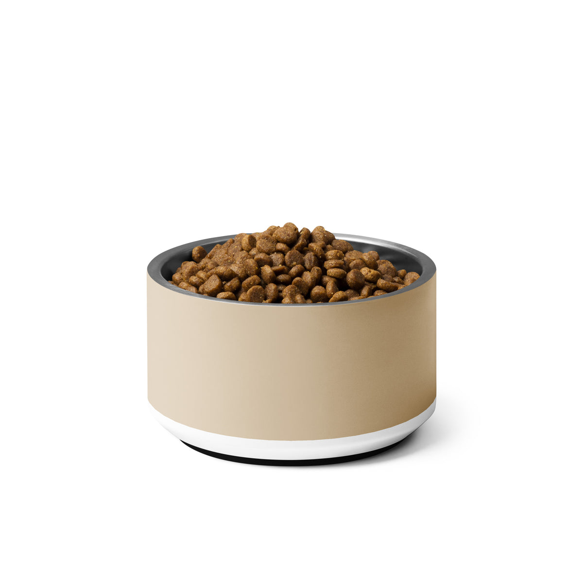 Back of the tan good boy personalized dog bowl filled with kibble