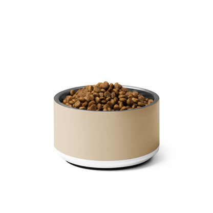 Back of the tan good boy personalized dog bowl filled with kibble