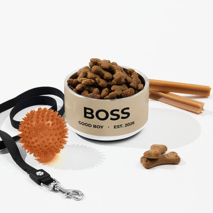 Tan good boy personalized dog bowl with kibble, a leash, a ball and dog treats
