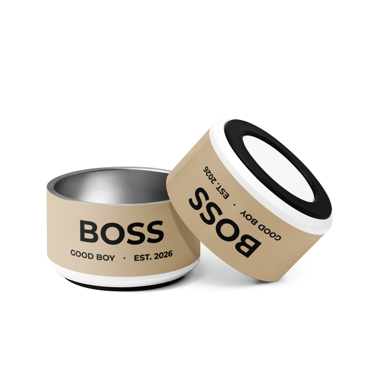 Two tan good boy personalized dog bowls with the name Boss, one tilted to show the rim