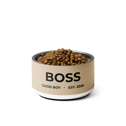 Tan good boy personalized dog bowl with the name Boss filled with kibble