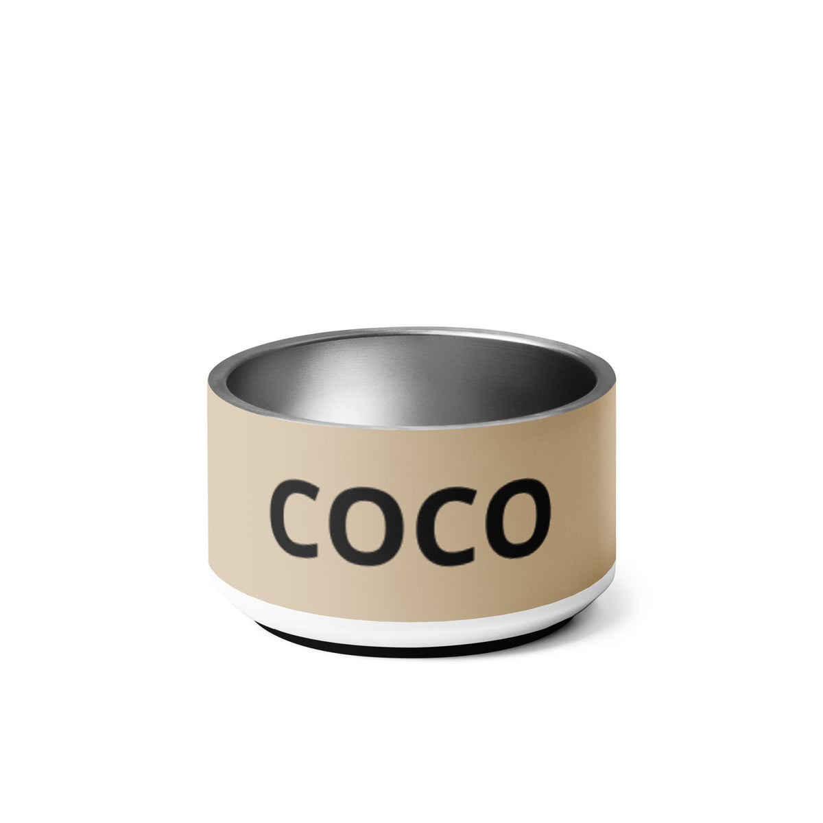 Tan modern personalized stainless steel dog bowl 18 oz with the name Coco in black capitals