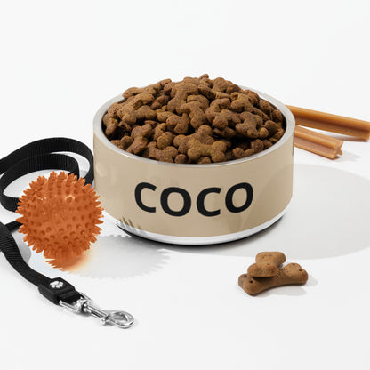 Large tan modern personalized dog bowl with kibble, a leash, a ball and dog treats