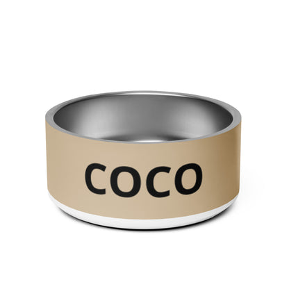 Tan modern personalized stainless steel dog bowl 32 oz with the name Coco in black capitals