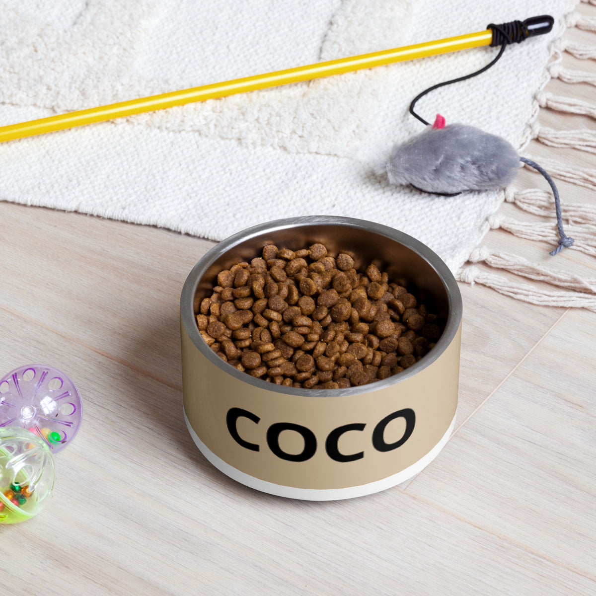 Tan modern personalized dog bowl filled with kibble on a rug next to a pet toy