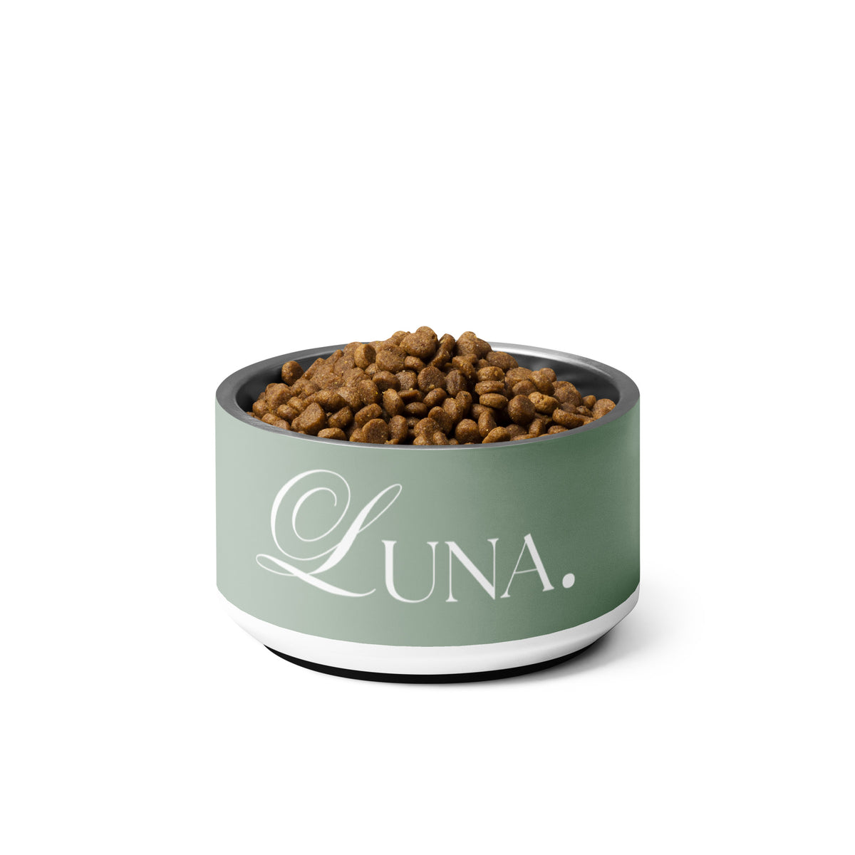18 oz thyme green personalized dog bowl with the name Luna filled with kibble