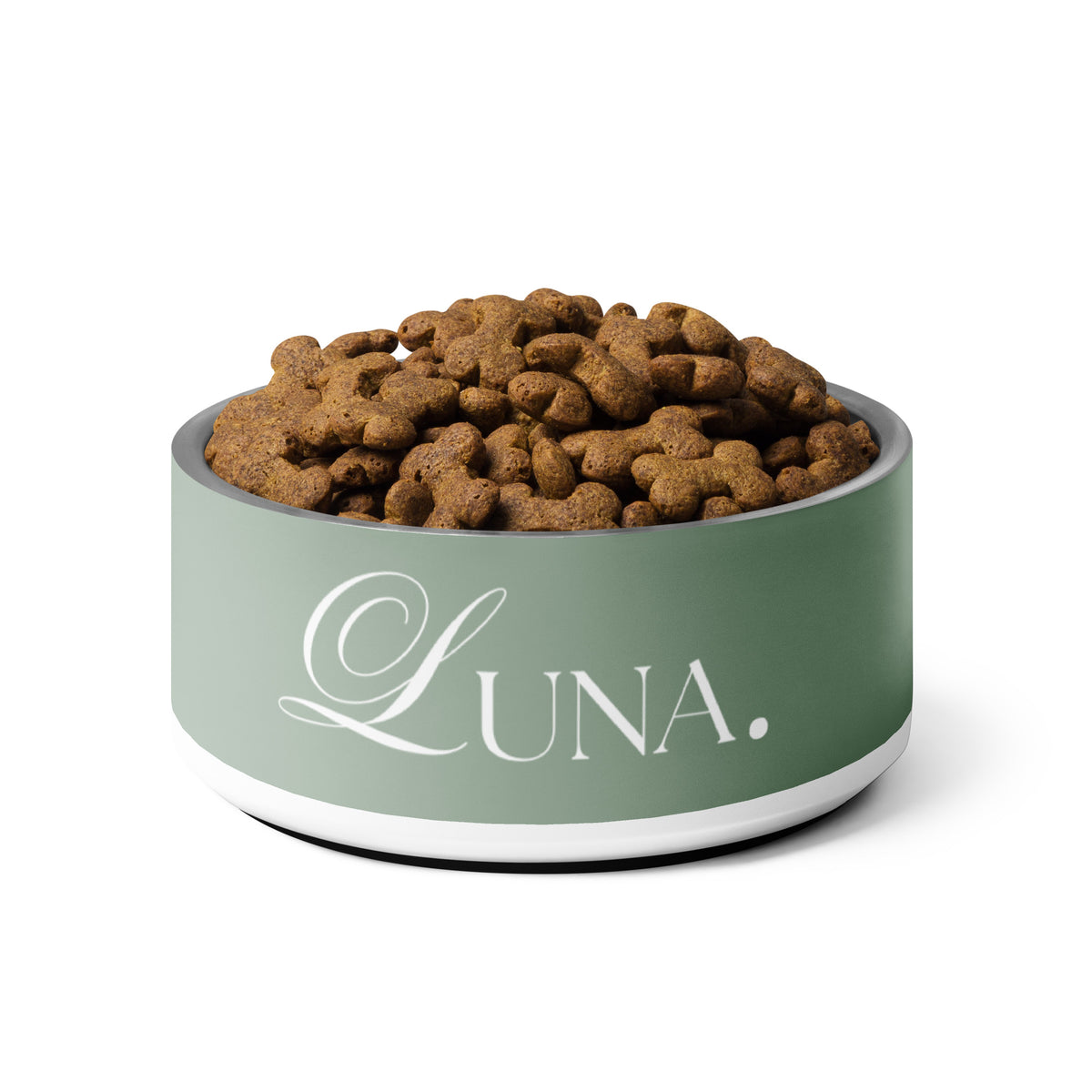 32 oz thyme green personalized dog bowl with the name Luna filled with kibble
