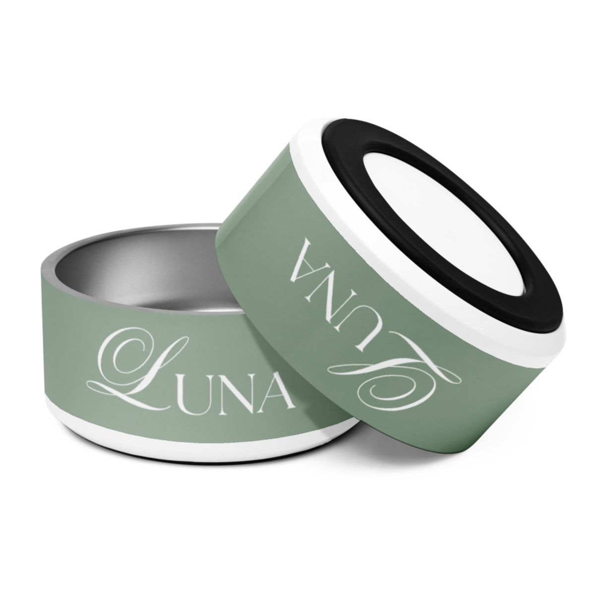 Pair of thyme green personalized dog bowls with the name Luna, alternate angle