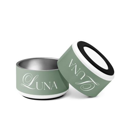 Two thyme green personalized dog bowls tilted together showing the name Luna