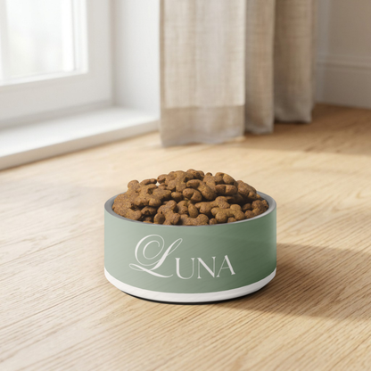 Thyme green personalized dog bowl with kibble on the floor of a bright room by a window
