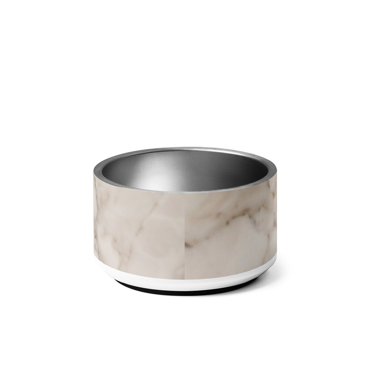 Back of the 18 oz white marble personalized dog bowl with soft grey marble veining