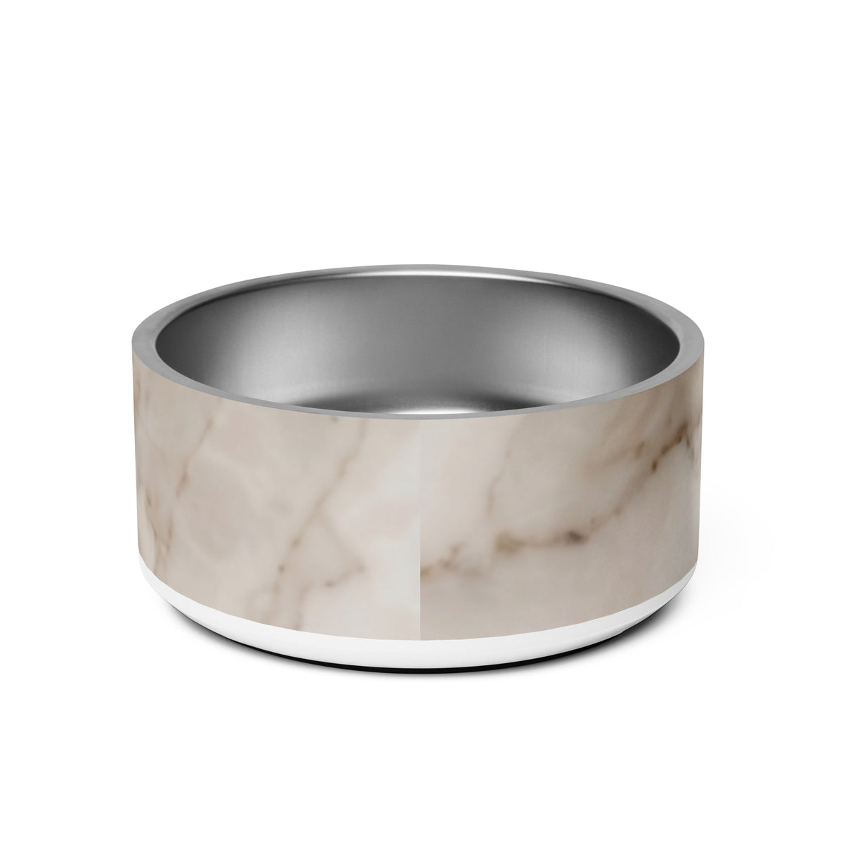 Back of the 32 oz white marble personalized dog bowl with soft grey marble veining
