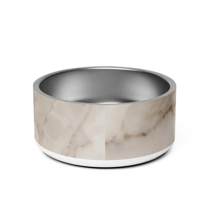Back of the 32 oz white marble personalized dog bowl with soft grey marble veining