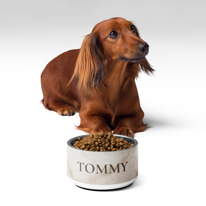 Long-haired dachshund sitting behind a white marble personalized dog bowl with the name Tommy